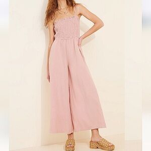 Anthropologie Pilcro Blush Pink Smocked Linen Blend Wide-Leg Jumpsuit Size Small
